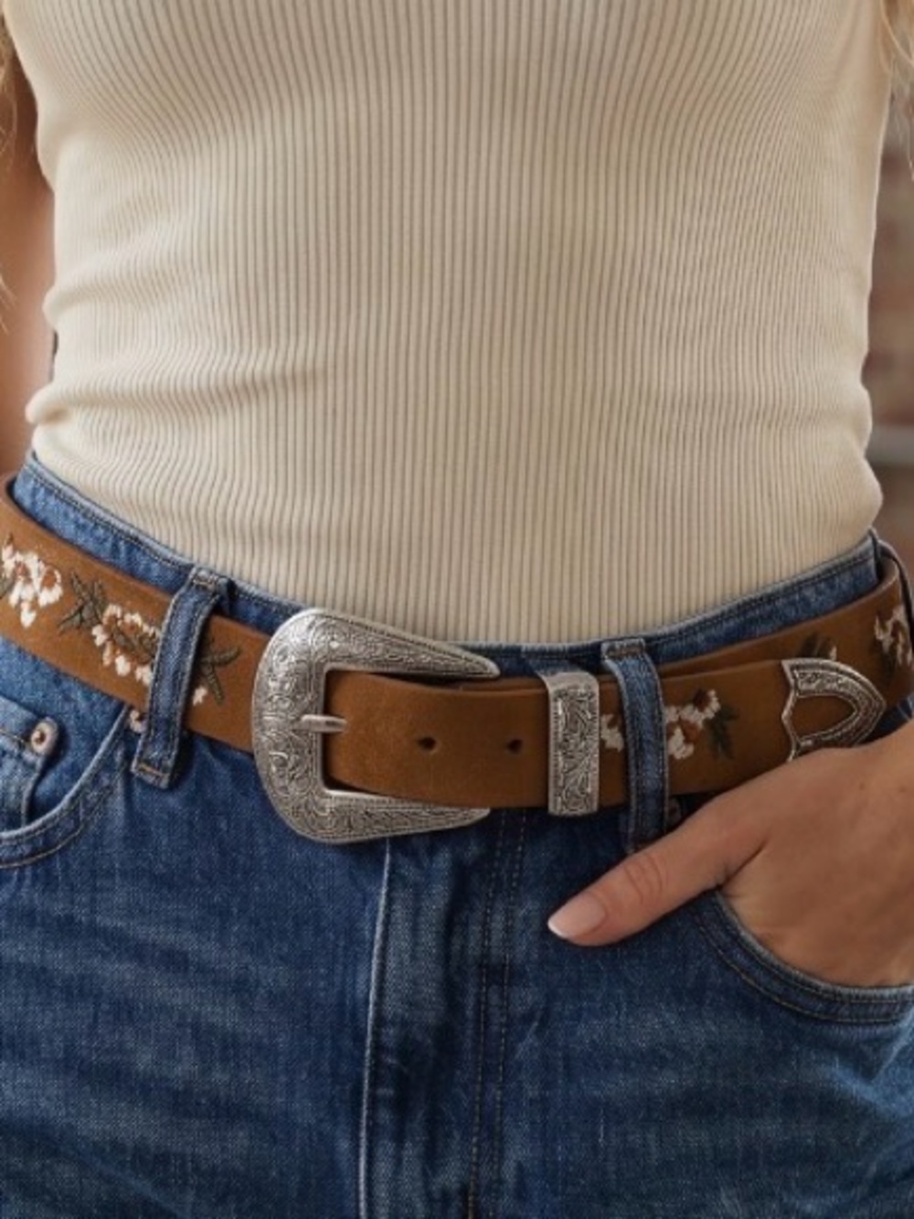 NWT Embroidered Floral Boho Festival Vegan Leather Belt - Picture 4 of 7
